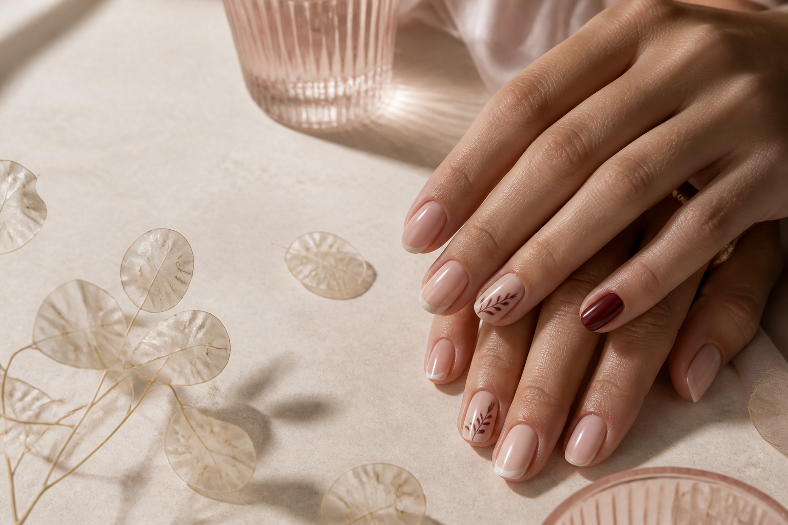 Manicura nude con francesa, nail art botánico y detalle burdeos